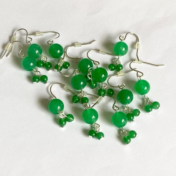 Green Jade Stone Earrings Silver Plated Dangle Round Bead Malaysian Light 2-6mm - Picture 5 of 9